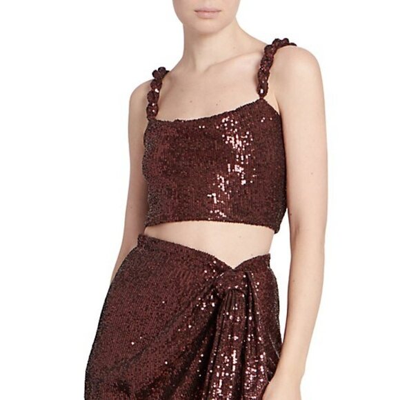 New Balmain Sequin Square Neckline Twisted Strap Brown Cropped Tank Top 12 US - Picture 5 of 17